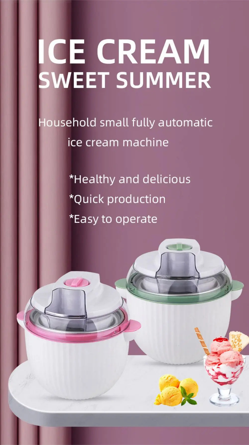 Ice Cream Maker,IL Mini Electric DIY Frozen Fruit Freezer Smoothie Blender Portable Automatic Ice Cream Machine Home Kitchen